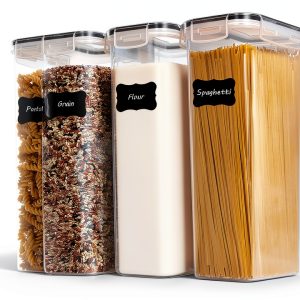Vtopmart Airtight Food Storage Containers with Lids, 4 PCS 2.8L Pasta Containers for Pantry Organization and Storage, BPA Free Kitchen Canisters for Spaghetti, Flour, Sugar and Noodles, Black-0